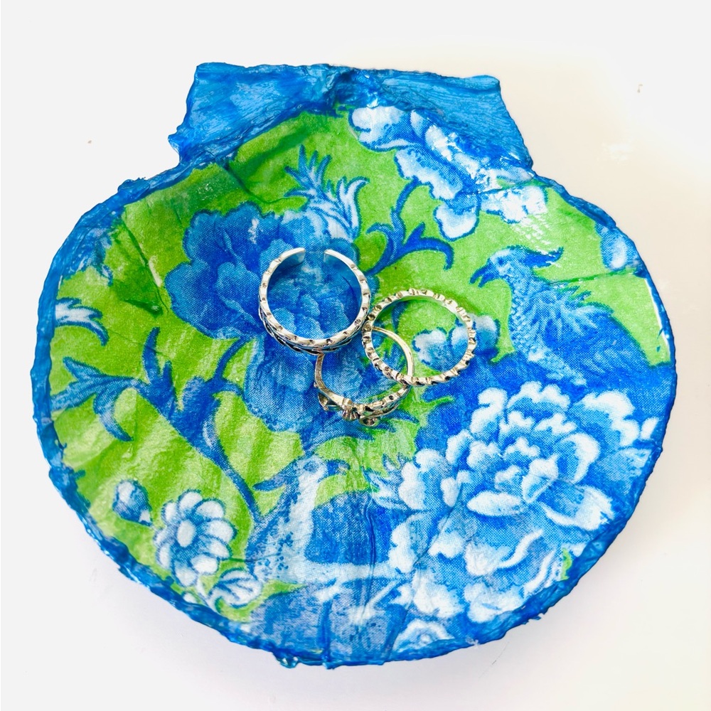 Handmade Scallop Shell Trinket Dish W/ Green and Blue Floral Decoupage Design